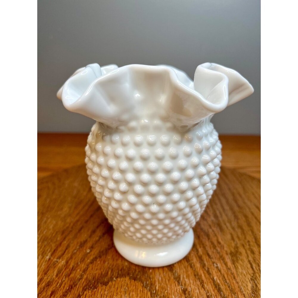 Fenton Hobnail Milk Glass 6 " Double Crimped Vase